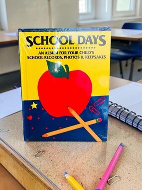 School Days Keepsake Album - Yellow & Blue w/Red Apple (New & Sealed in Plastic)